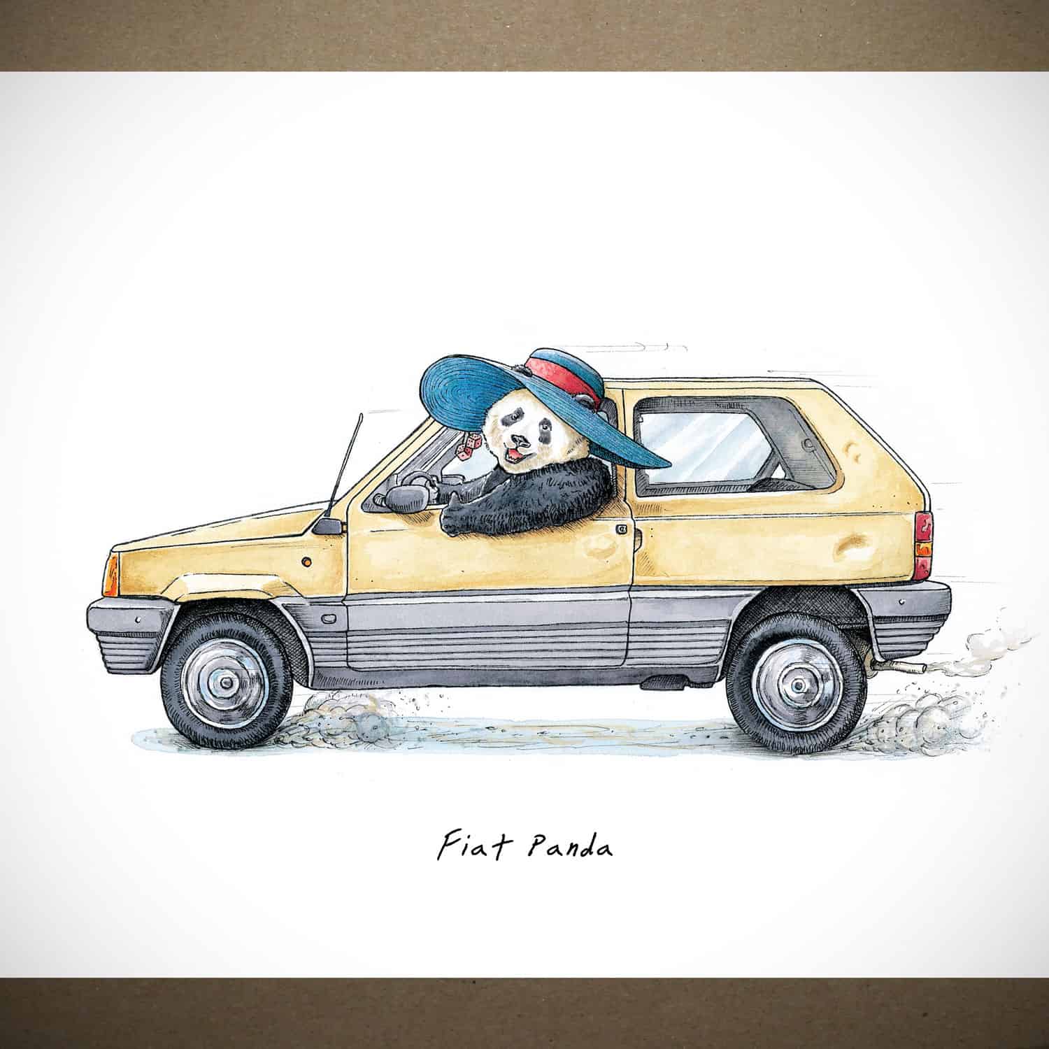 Print of an old yellow fiat panda car being driven by a panda wearing a sunhat on a white background