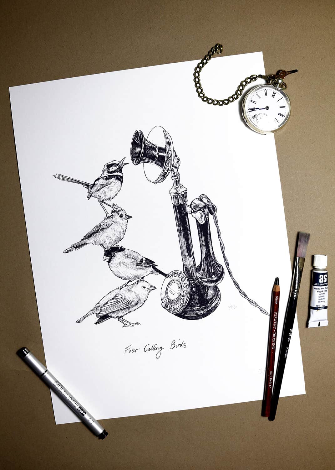Black and white drawing of four birds standing on top of each other next to a vintage telephone on a white background