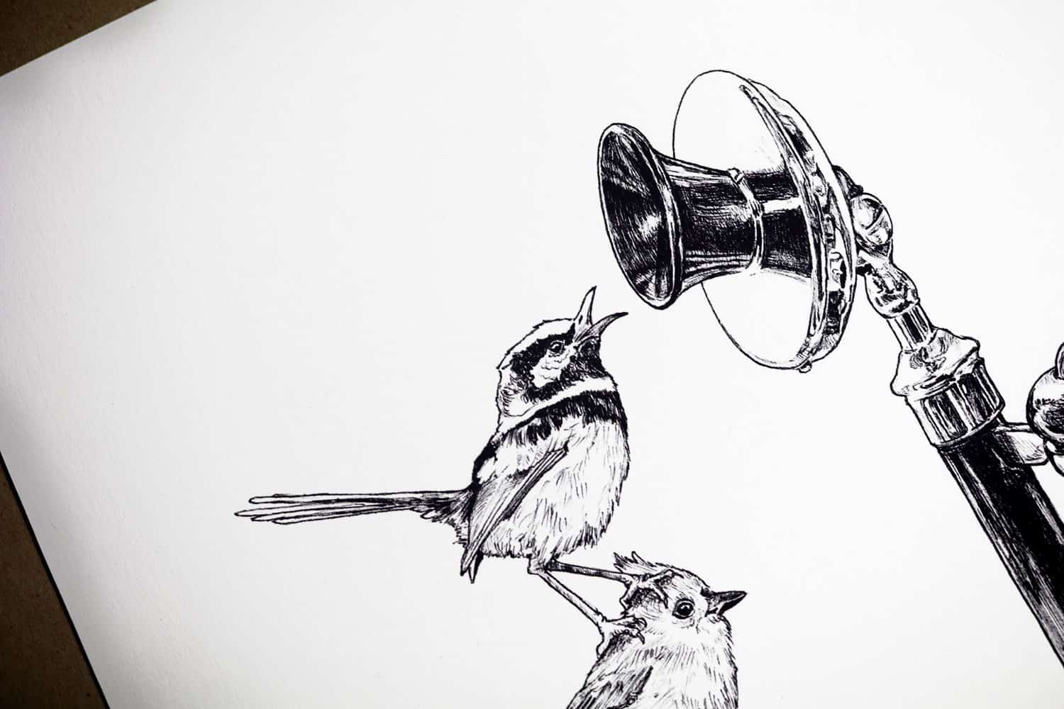 Black and white drawing of birds standing on top of each other next to a vintage telephone on a white background