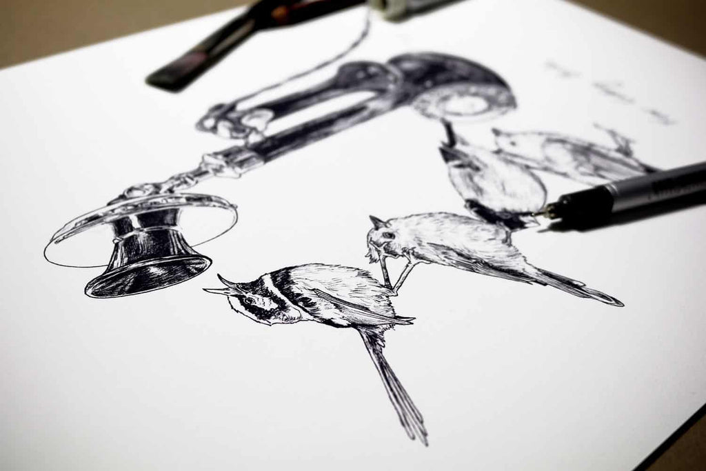 Black and white drawing of four birds standing on top of each other next to a vintage telephone on a white background