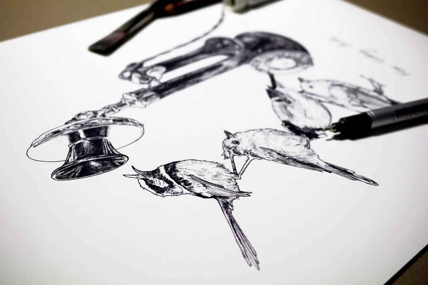Black and white drawing of four birds standing on top of each other next to a vintage telephone on a white background