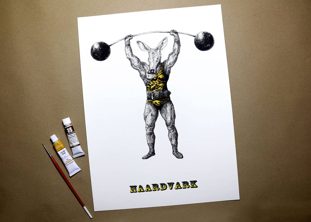 Print of an aardvark dressed as strong man wearing a leotard and lifting a barbell above text reading “Haardvark”