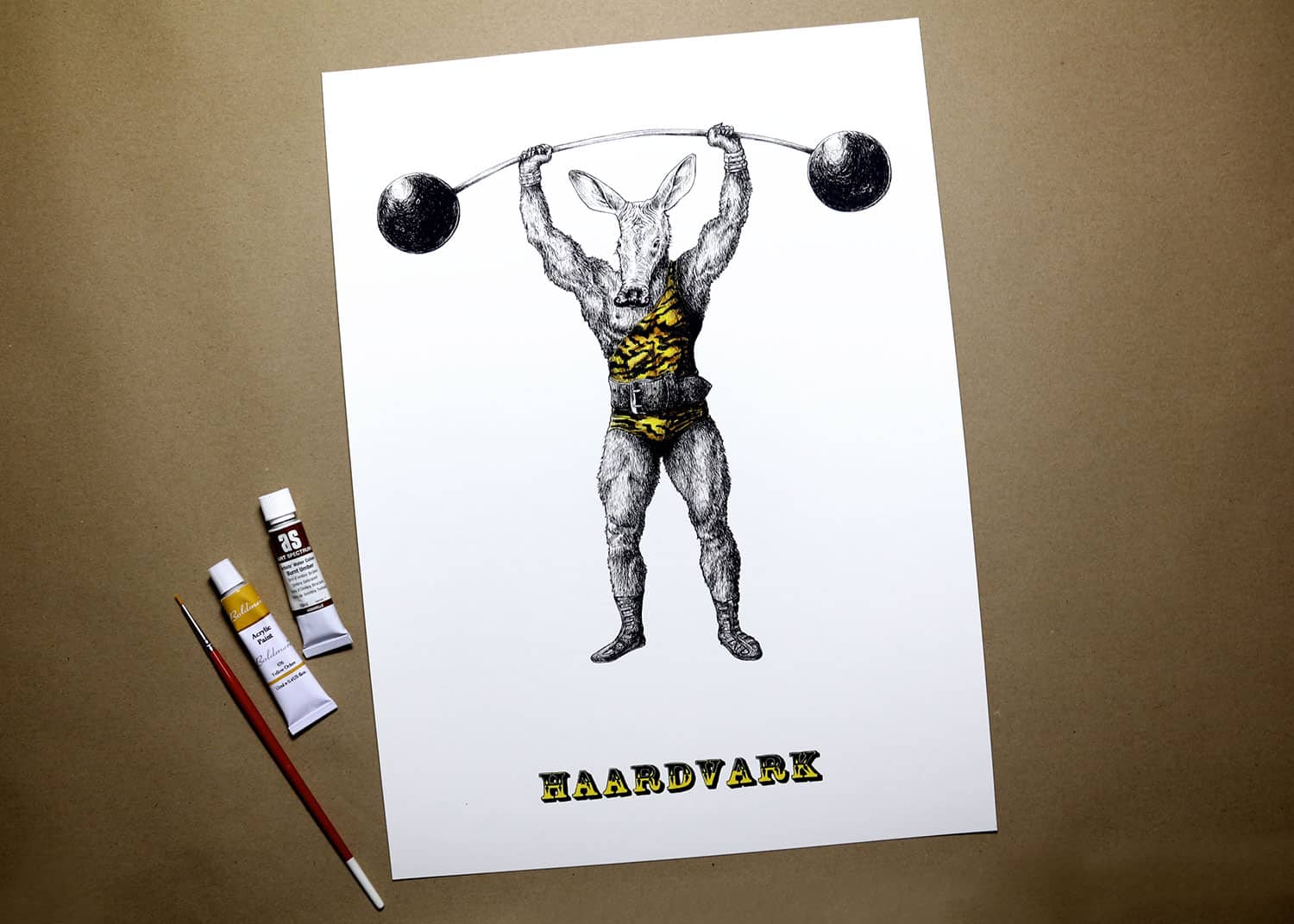 Print of an aardvark dressed as strong man wearing a leotard and lifting a barbell above text reading “Haardvark”
