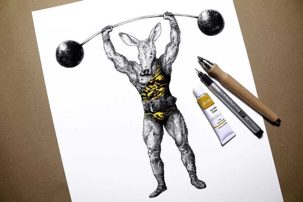 Print of an aardvark dressed as strong man wearing a leotard and lifting a barbell on a white background