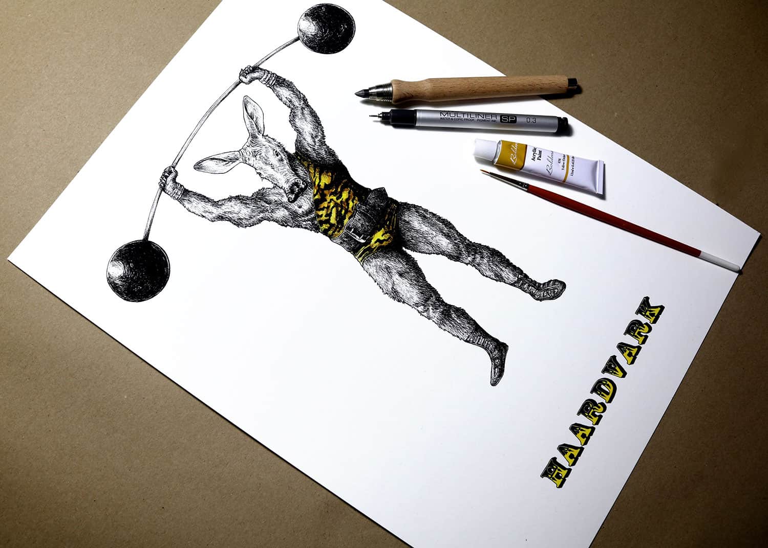 Print of an aardvark dressed as strong man wearing a leotard and lifting a barbell above text reading “Haardvark”