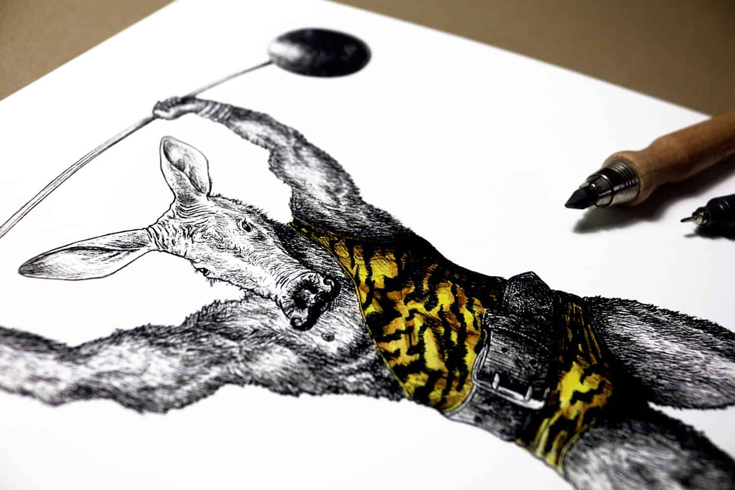 Print of the top half of an aardvark dressed as strong man wearing a leotard and lifting a barbell on a white background