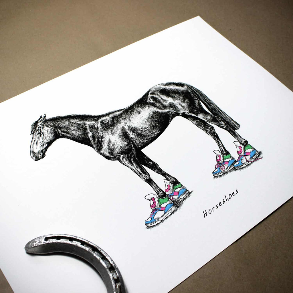 Black and white drawing of a horse wearing bright coloured trainers above text reading “Horseshoes” on a white background