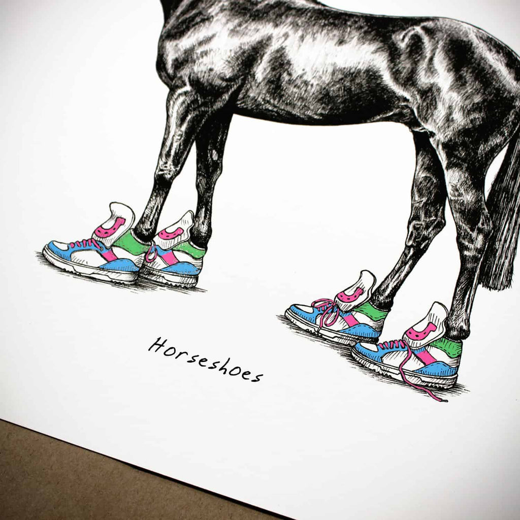 Body, tail and legs of a horse which is wearing bright coloured trainers above text reading “Horseshoes”