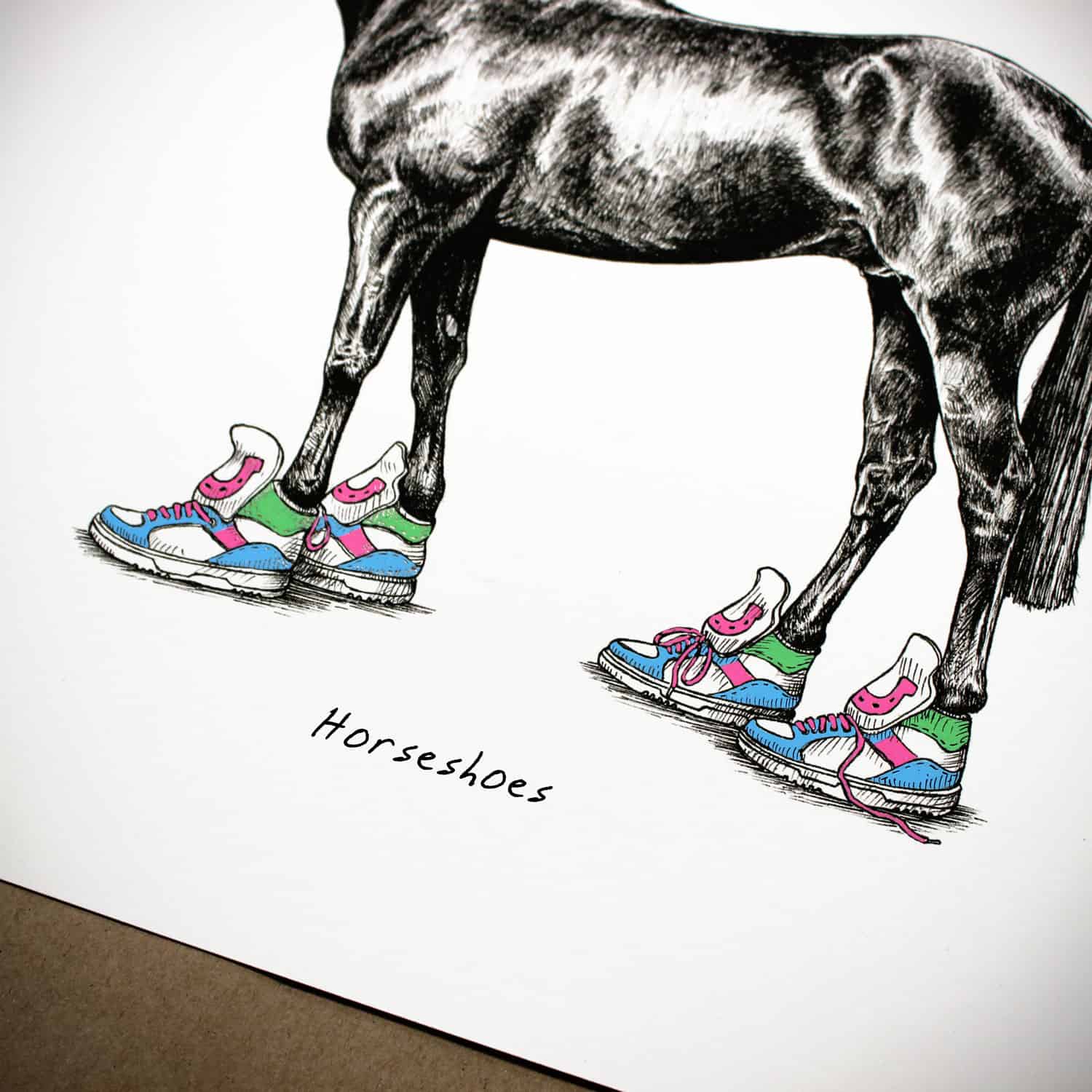 Body, tail and legs of a horse which is wearing bright coloured trainers above text reading “Horseshoes”