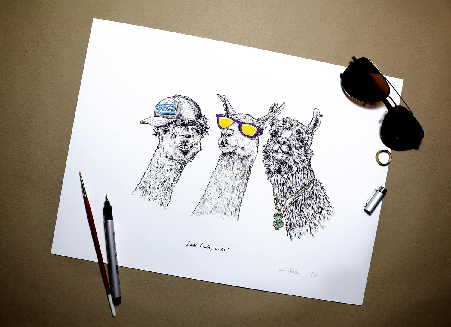 Print of three black and white llamas wearing purple and yellow sunglasses, a cap and a gold chain on a white background