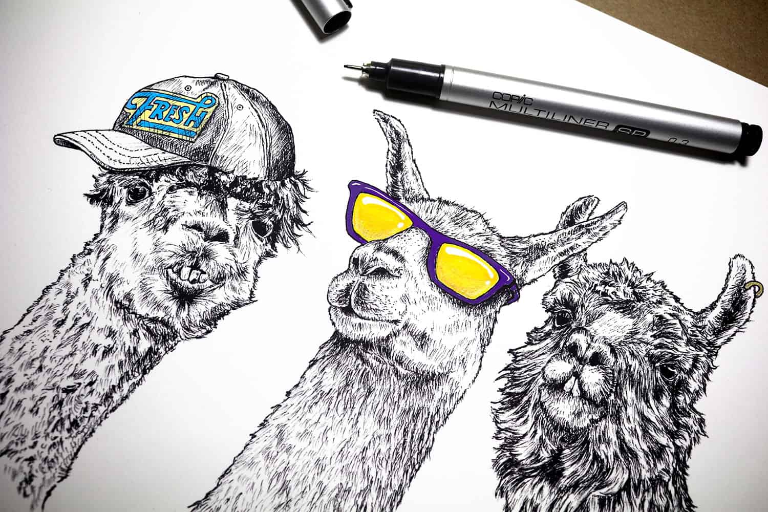 Print of three black and white llamas wearing purple and yellow sunglasses, a cap and a gold chain on a white background