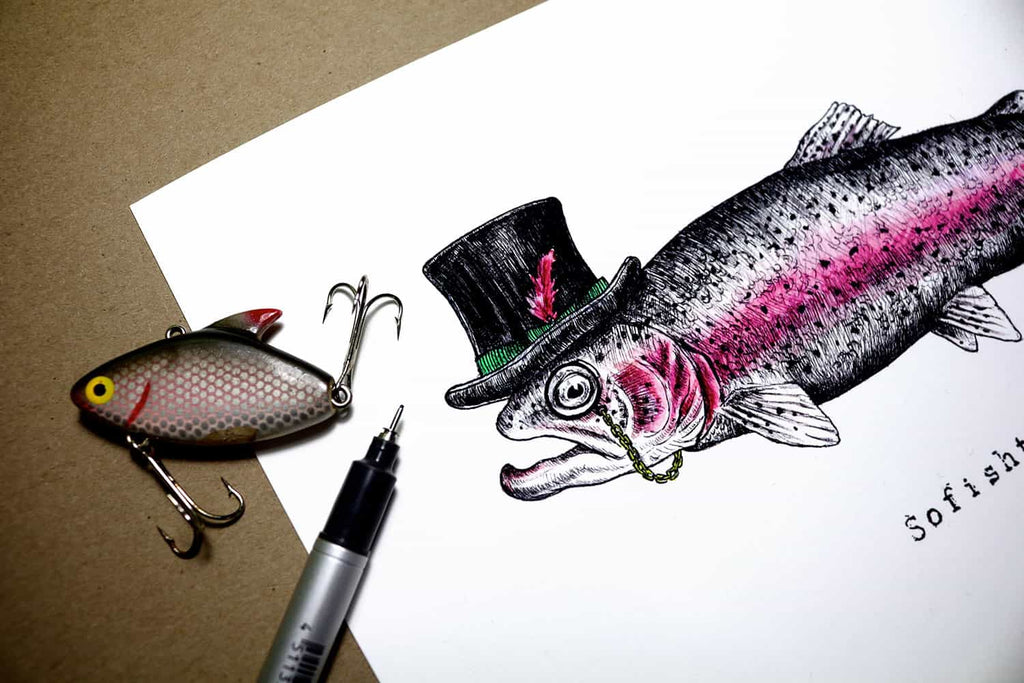 Print of a fish wearing a top hat with a monocle on a white paper background