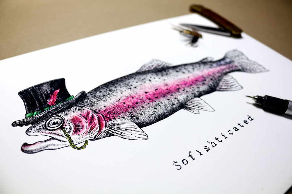 Print of a fish wearing a top hat with a monocle on a white paper background