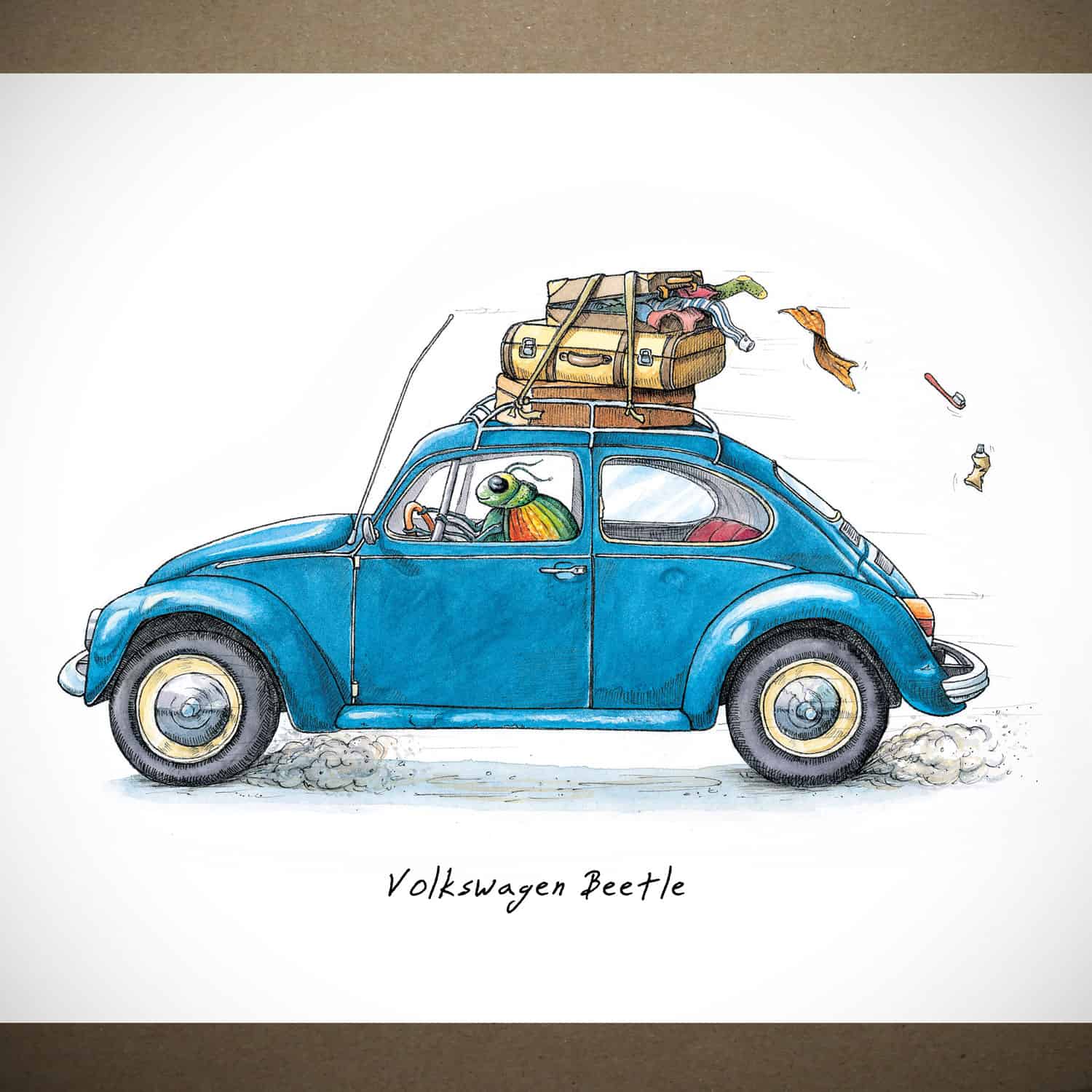 Colourful beetle driving a blue VW beetle with luggage strapped to the top which is falling off the roof rack on white paper