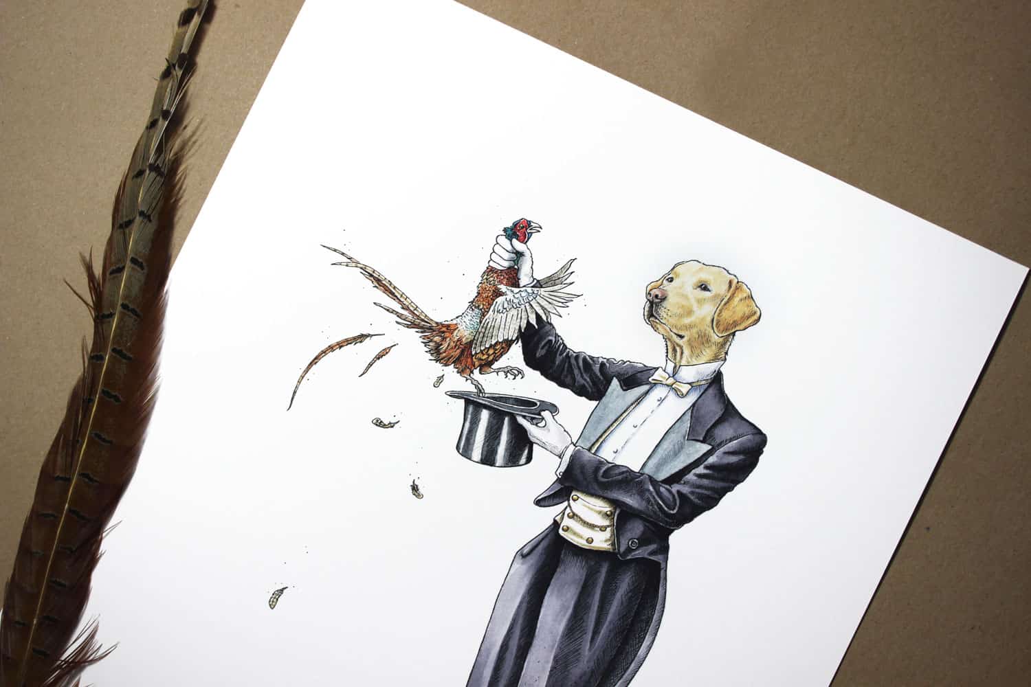Painting of the top half of a yellow Labrador wearing a suit pulling a pheasant from a hat on white paper next to a feather