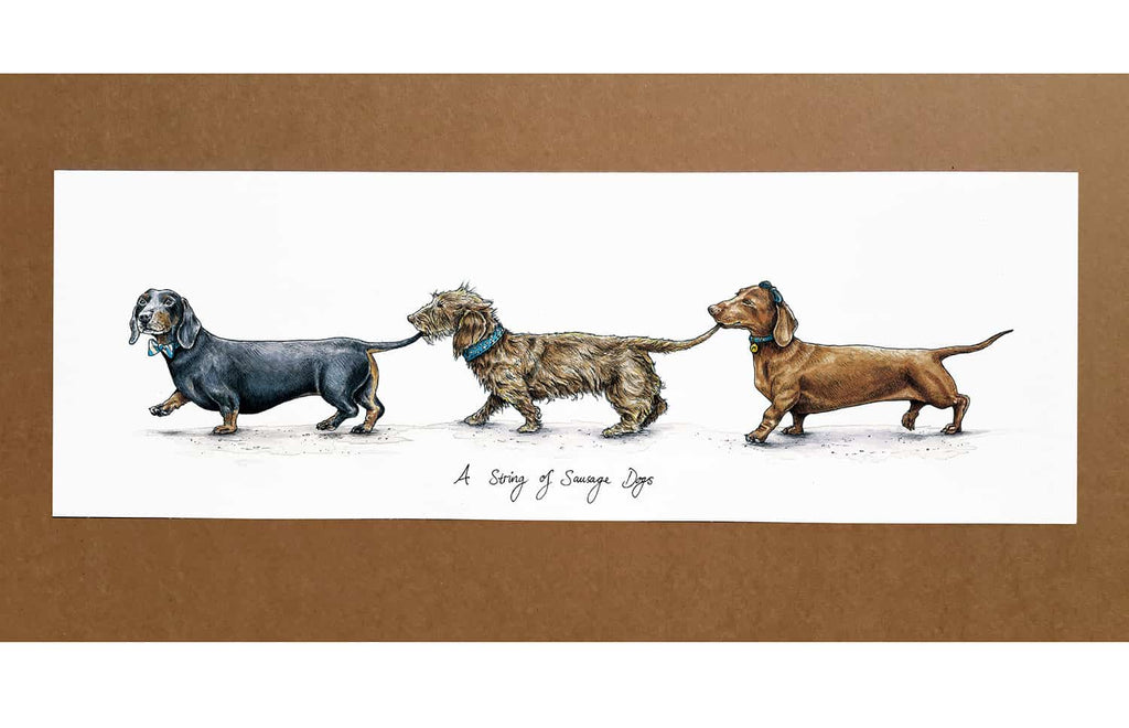 Painting of three dachshunds holding each other's tails while walking in a line