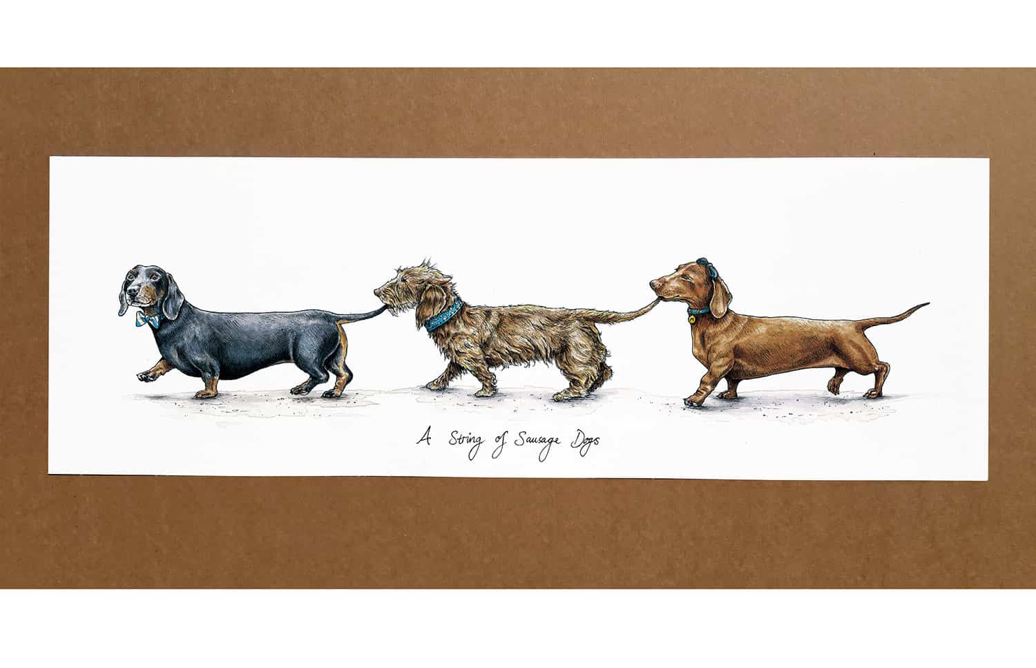 Painting of three dachshunds holding each other's tails while walking in a line