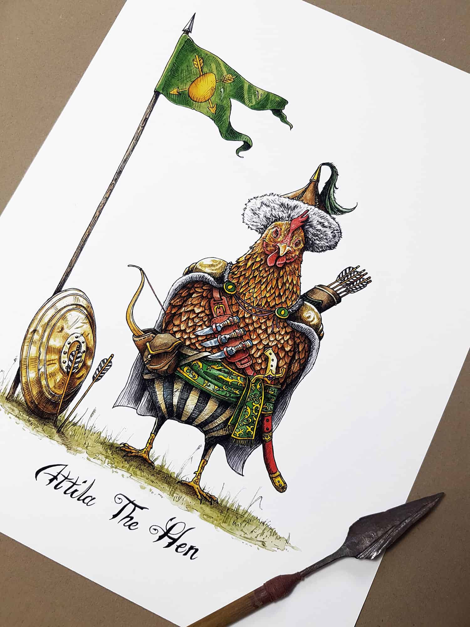 Print of a chicken dressed in a nomadic tribal outfit with a shield and bow and arrows above text reading "Attila The Hen"