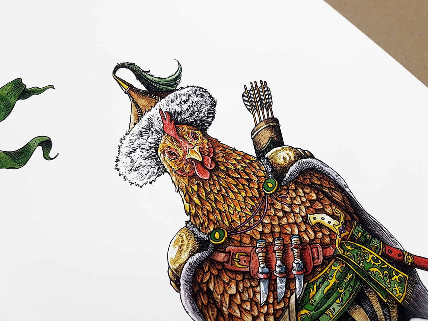 Highly detailed painting of a chicken wearing a nomadic tribal outfit with a sword, arrows and knives on a white background