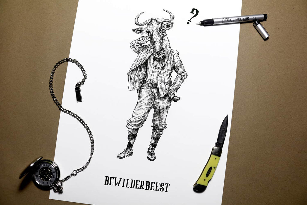 Black and white drawing of a wildebeest wearing human clothing above text reading “Bewilderbeest” on a white background