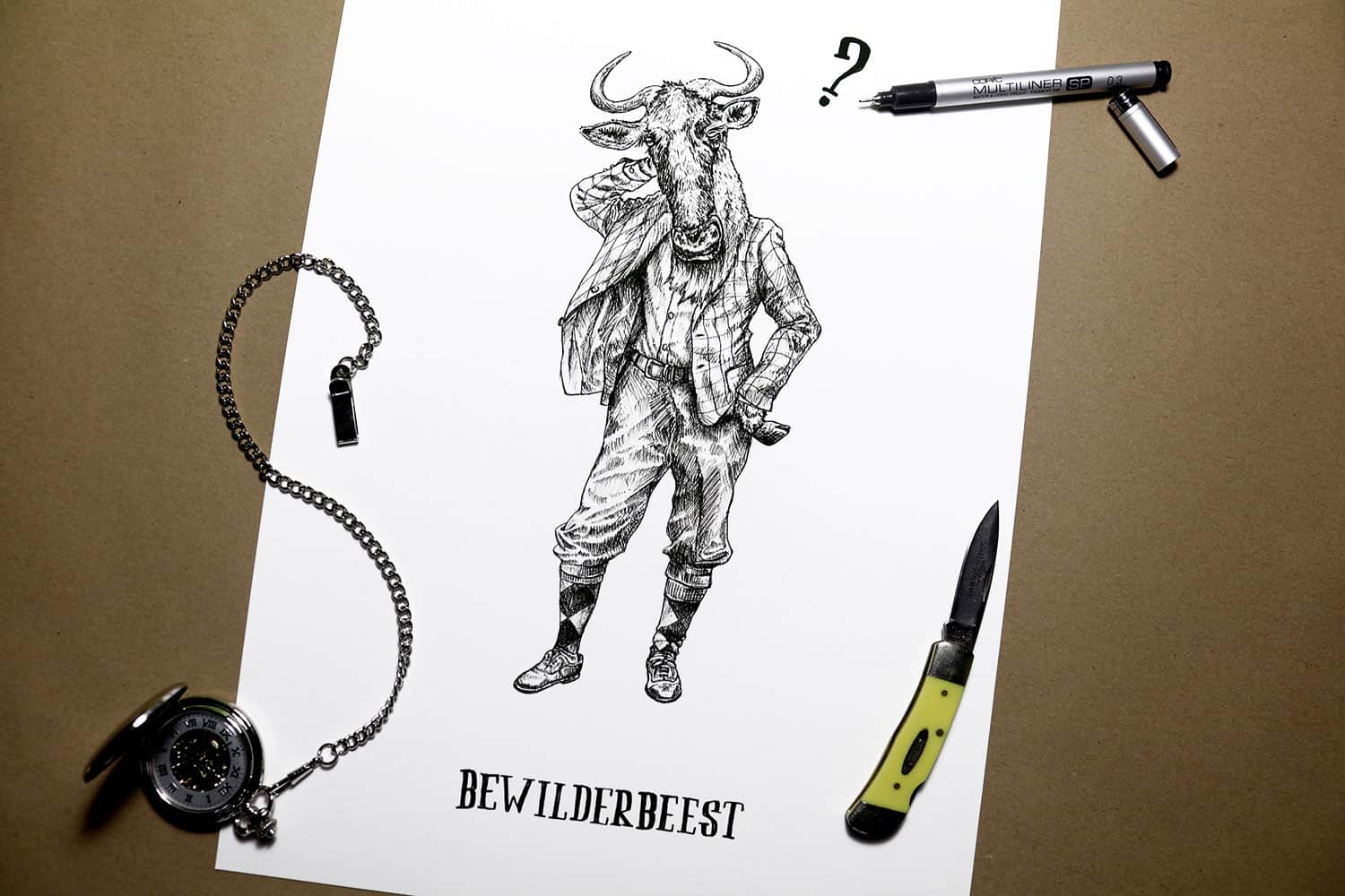 Black and white drawing of a wildebeest wearing human clothing above text reading “Bewilderbeest” on a white background
