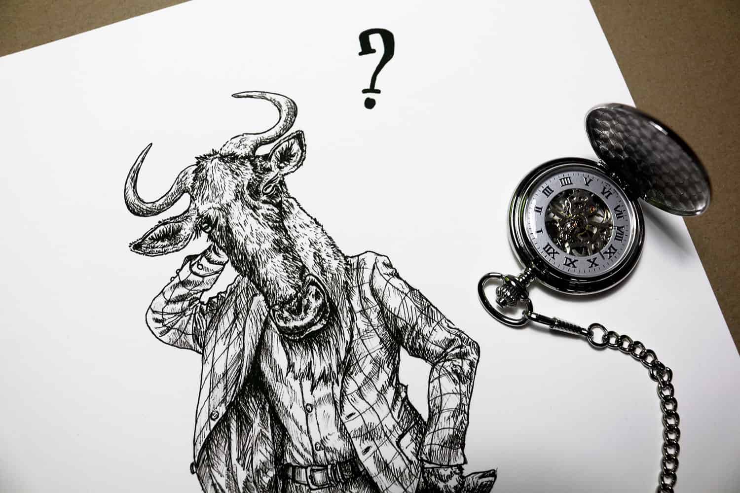 Top half of a drawing of a wildebeest wearing human clothing on a white background