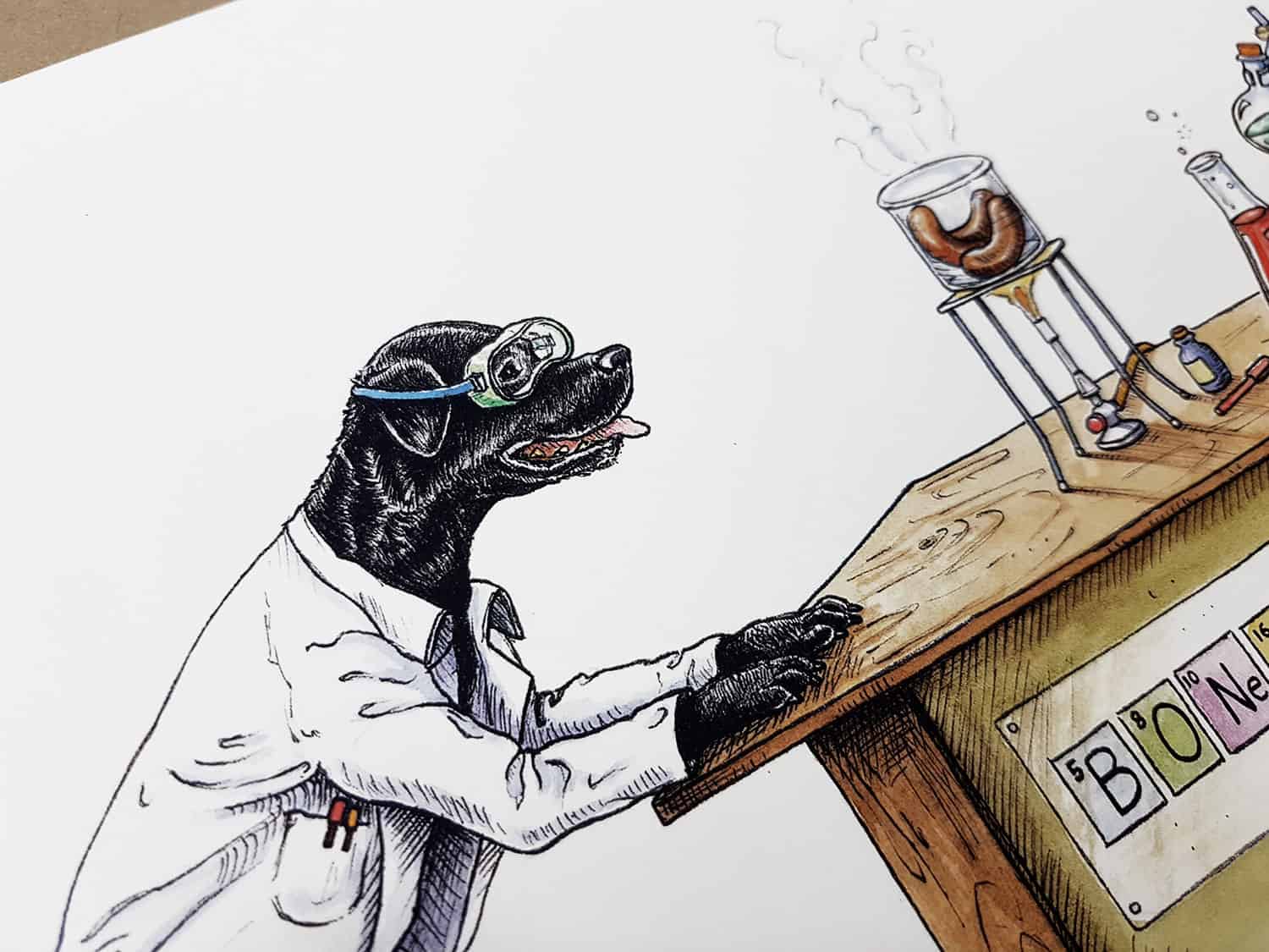 Painting of a black Labrador wearing goggles and a white lab coat staring at sausages cooking in a Bunsen burner