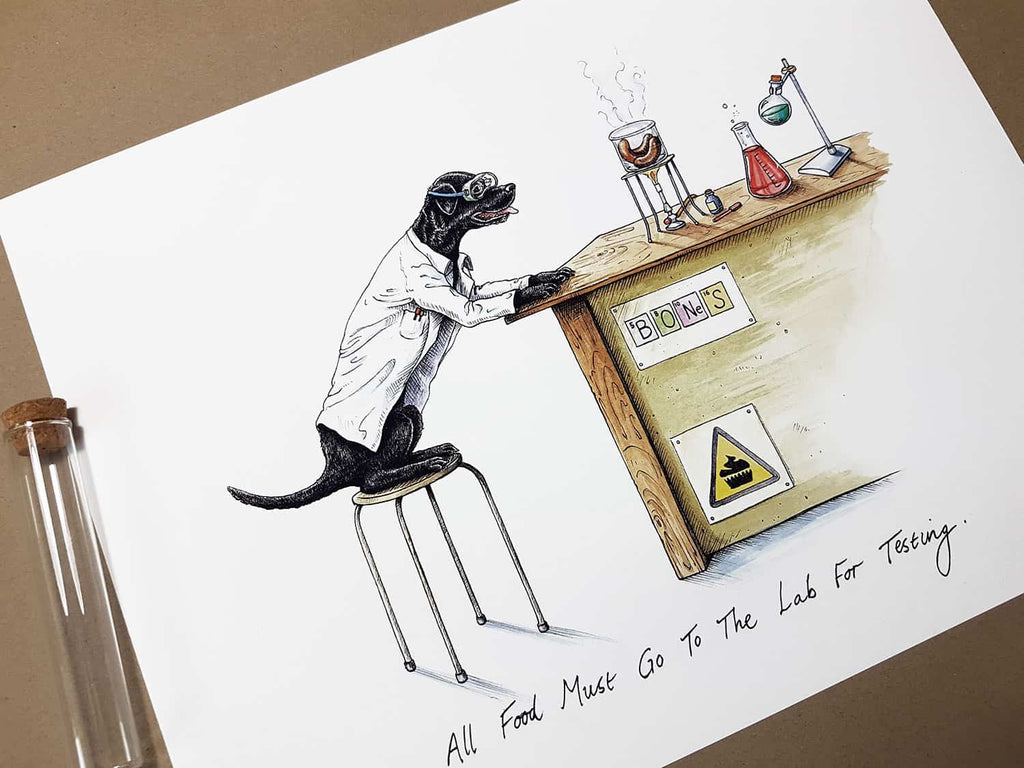 Print of a black labrador wearing a white Lab coat sitting at a desk in a science lab cooking sausages over a Bunsen burner