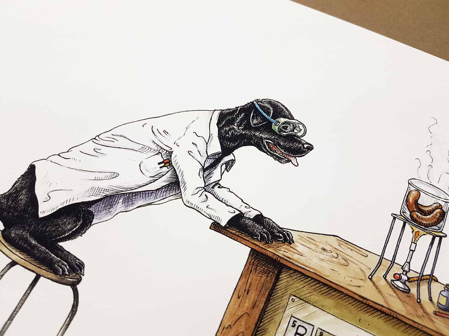Painting of a Black Labrador wearing a white lab coat sitting on a stool looking at a Bunsen burner which is cooking sausages