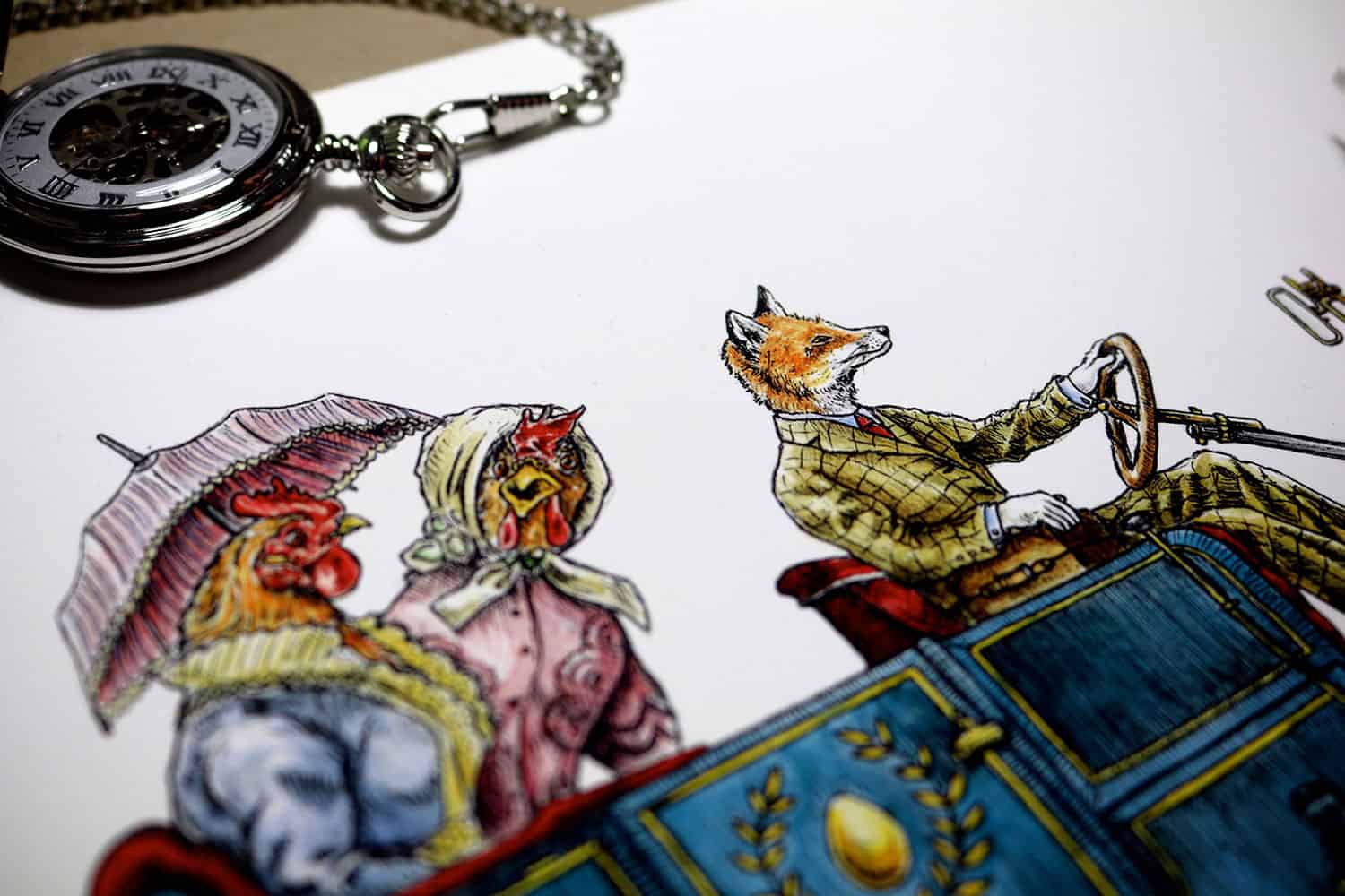 Painting of a fox dressed in a smart tweed suit driving a car with two very smartly dressed chickens in the back