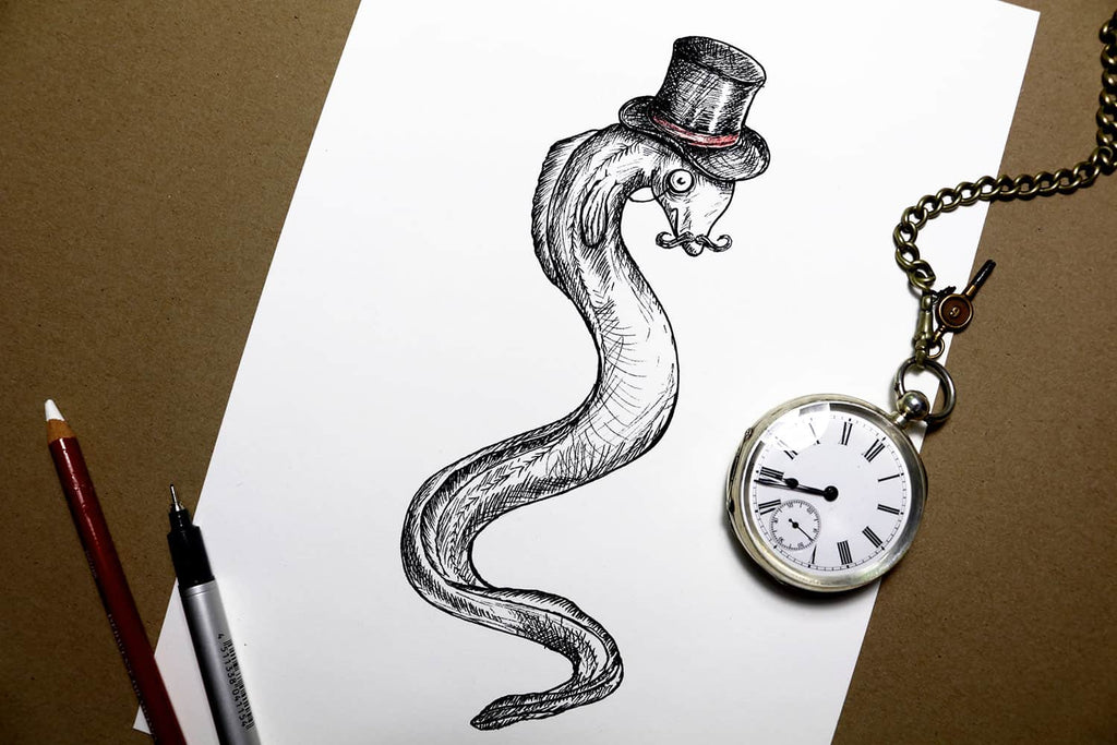 Black and white print of an eel wearing a top hat on a white background