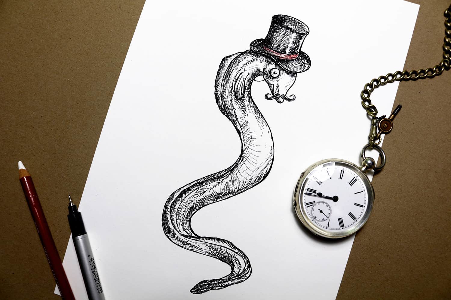 Black and white print of an eel wearing a top hat on a white background