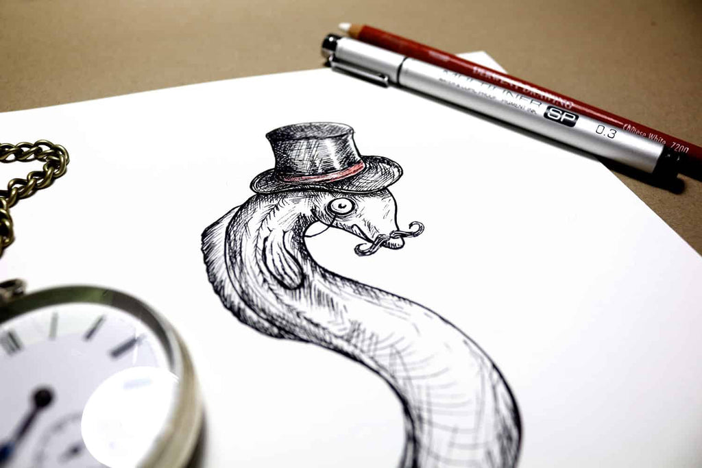 Top half of a black and white drawing of an eel wearing a top hat on a white background
