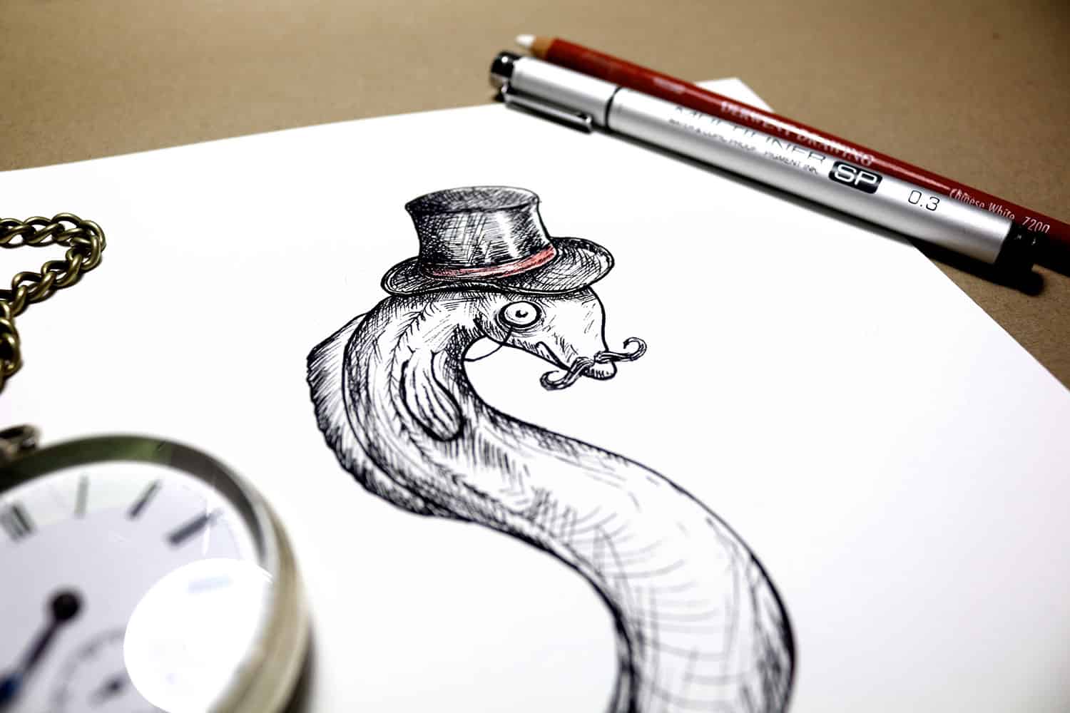Top half of a black and white drawing of an eel wearing a top hat on a white background