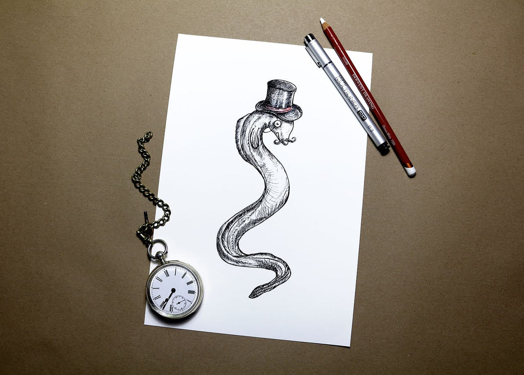 Black and white print of an eel wearing a top hat on a white background