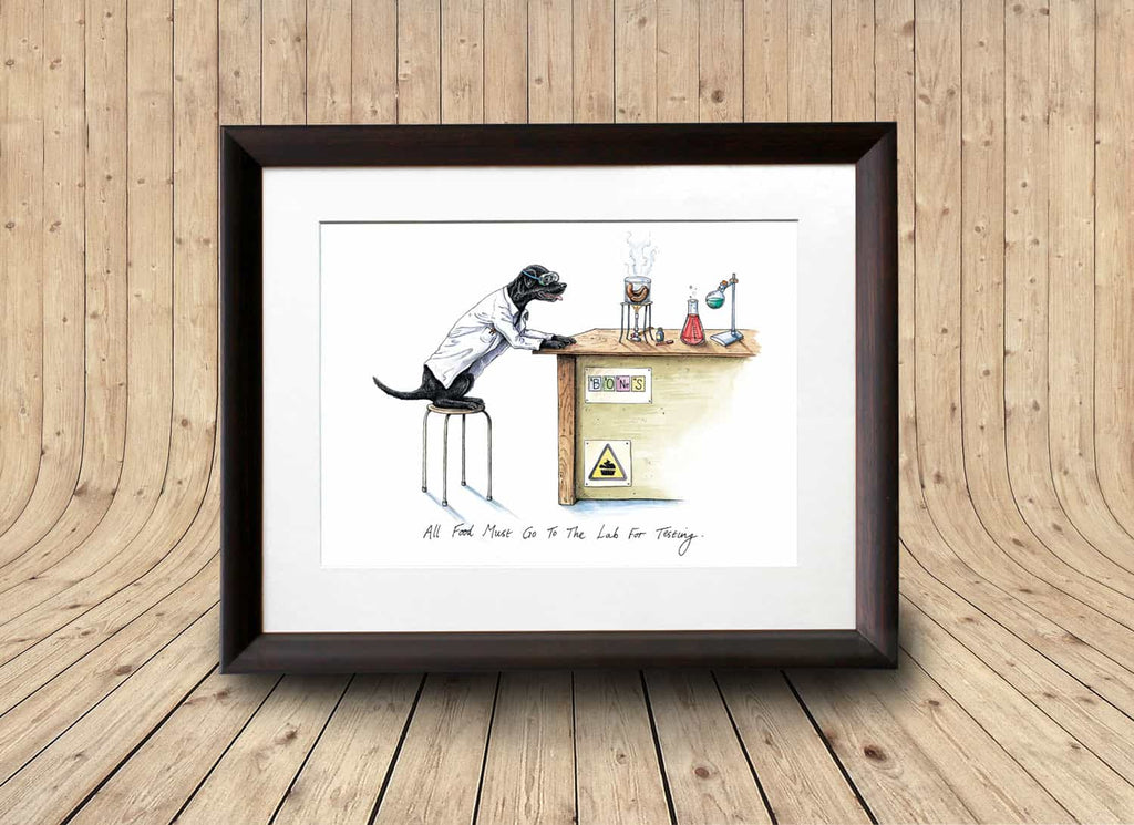 Print of a black labrador wearing a white Lab coat sitting at a desk in a science lab in a dark wood frame