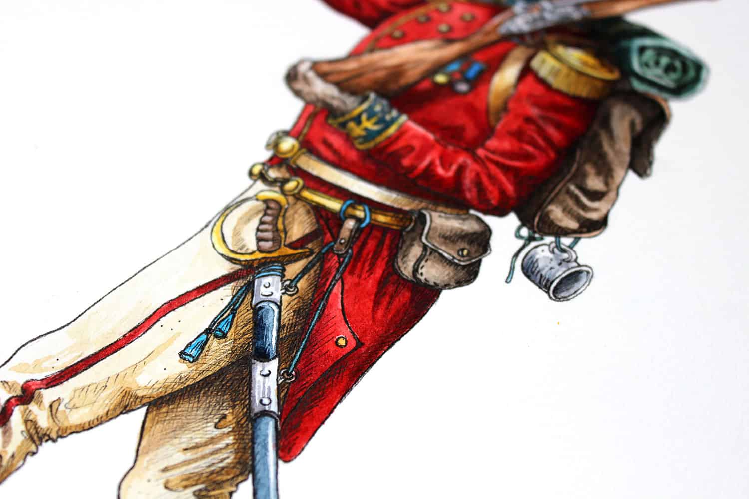 Detailed painting of a British military uniform showing the red coat, sword, musket and backpack