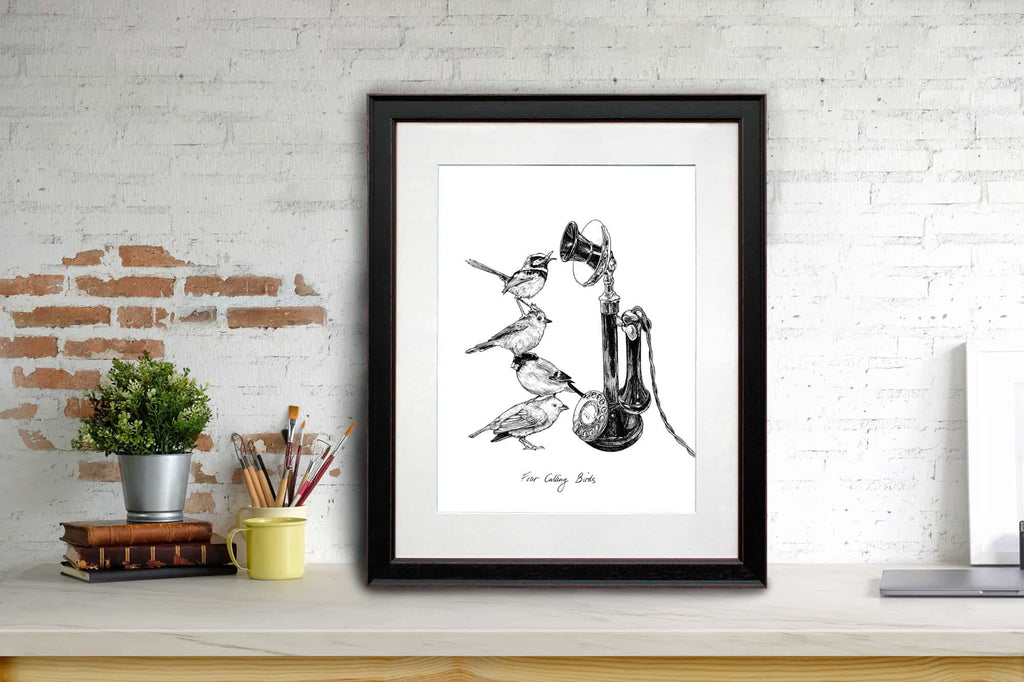 Print of four birds standing on top of each other next to a vintage telephone in a black frame leaning against a brick wall