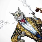 Top half of a painting of a very smartly dressed bobcat smoking a pipe leaning on a pillar saying “I prefer Robert cat”