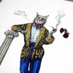 Painting of a very smartly dressed Bobcat smoking a pipe and leaning against a pillar saying “I prefer Robert Cat”