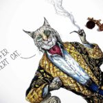 Top half of a painting of a very smartly dressed bobcat smoking a pipe leaning on a pillar saying “I prefer Robert cat”