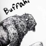 Black and white text reading “Buffalo” beside a highly detailed back and white drawing of a buffalo