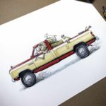 Print of a yellow and red Dodge Ram pickup truck being driven by a ram with two lambs in the back on a white background