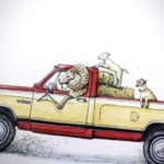 Painting of a ram in the driver’s seat of a yellow and red truck with two lambs in the back on top of straw bales