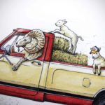 Painting of a ram in the driver’s seat of a yellow and red truck with two lambs in the back on top of straw bales