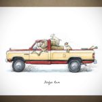 Print of a yellow and red Dodge Ram pickup truck being driven by a ram with two lambs in the back on a white background