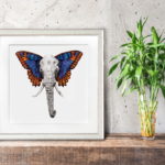 Print of an elephant with colourful butterfly wings in a white frame on a wooden shelf leaning against a wall