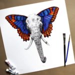 Print of a highly detailed black and white elephant face and trunk with brightly coloured butterfly wings as ears