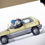 Print of an old yellow fiat panda car being driven by a panda wearing a sunhat on a white background