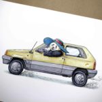 Print of an old yellow fiat panda car being driven by a panda wearing a sunhat on a white background